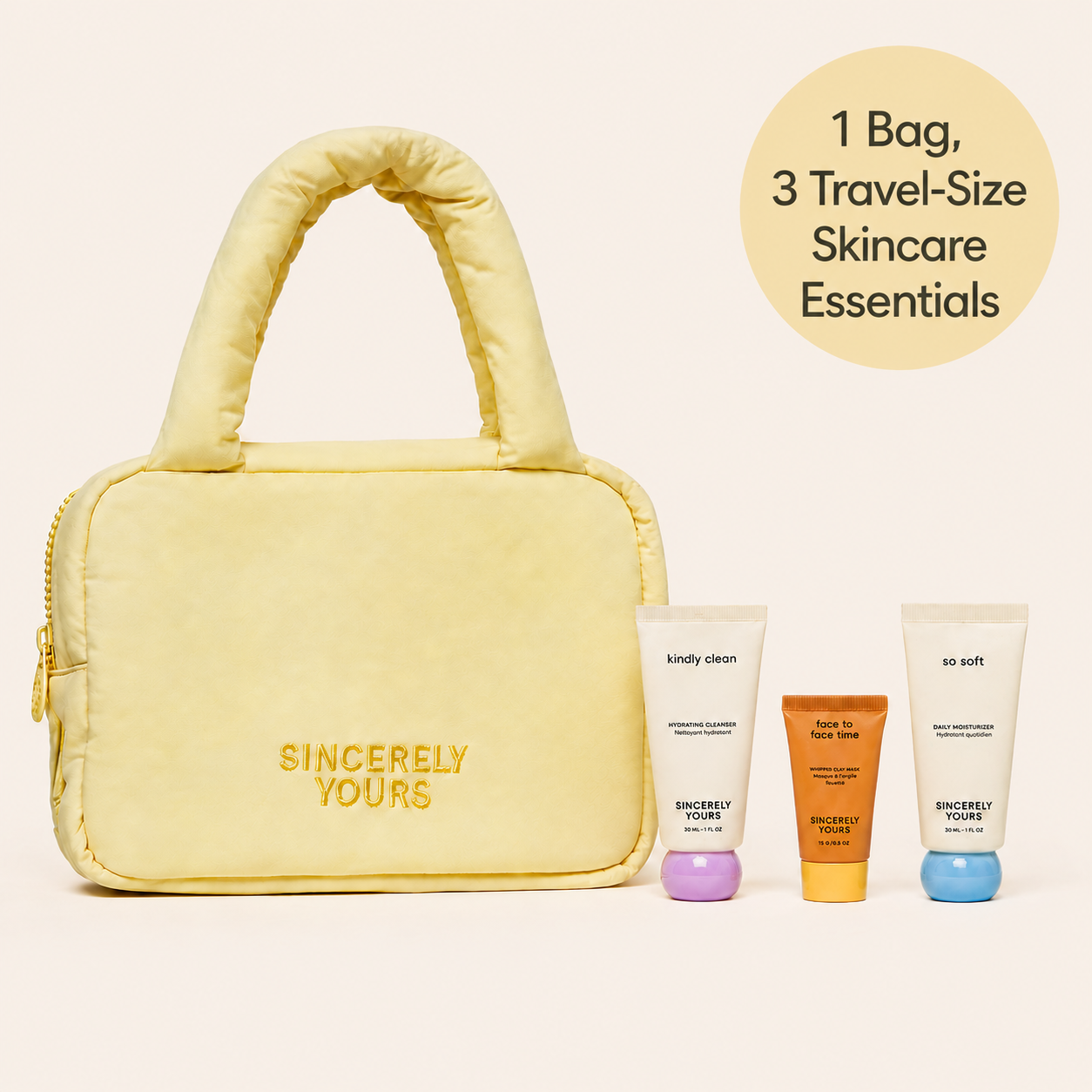 Sincerely Yours | Sleepover Bundle | 1 Bag, 3 Travel-Size Skincare Essentials