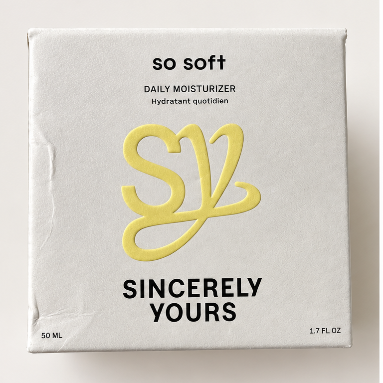 Angled view of So Soft 50ml packaging showing side panel, top flap and creased edges.