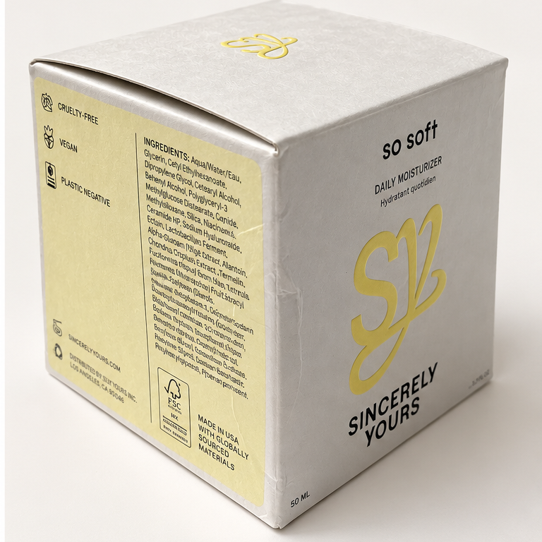 Front view of Sincerely Yours So Soft 50ml box showing dents and creasing along the left edge and lower corner.